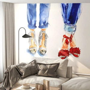 Fototapet Standard Eco - Akvarell illustrationer av ben i jeans och moderiktiga skor - 100x70cm - Kanske går vi ut på promenad? - Modern väggdekoration för vardagsrum och sovrum ARTTOR