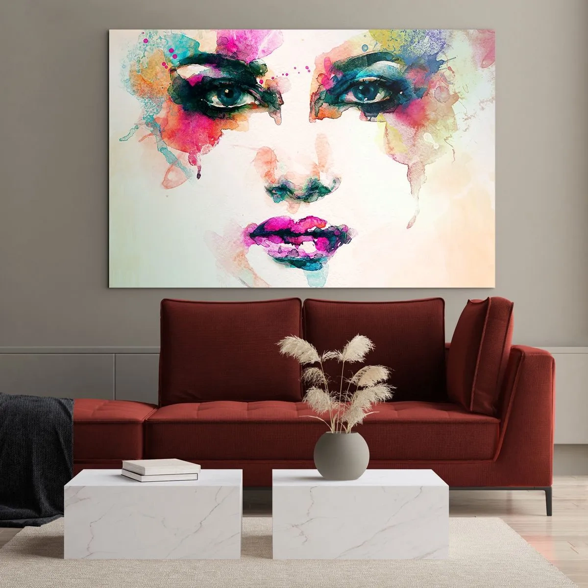 Glastavla - Bild på glas - Porträtt av en kvinna i akvarellfärger och detaljer - 70x50cm - Porträtt målad med regnbågen - Modern väggdekoration för vardagsrum och sovrum ARTTOR