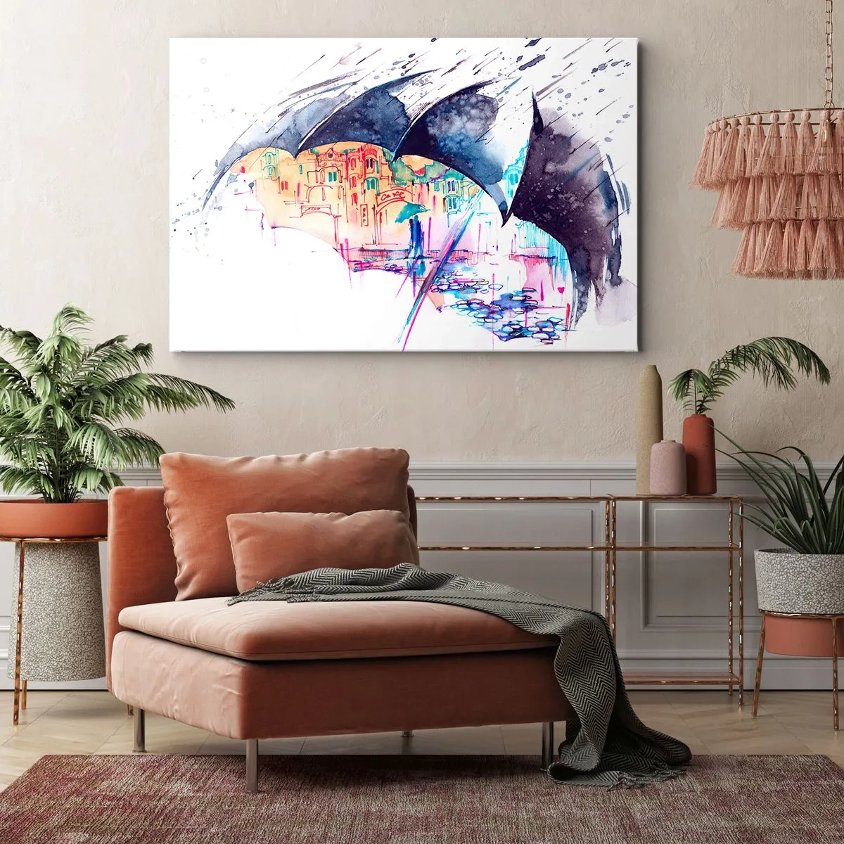 Canvastavla - Bild på duk - En färgglad stad gömd under abstrakta paraplyer - 70x50cm - Promenad i regnet - Modern väggdekoration för vardagsrum och sovrum ARTTOR