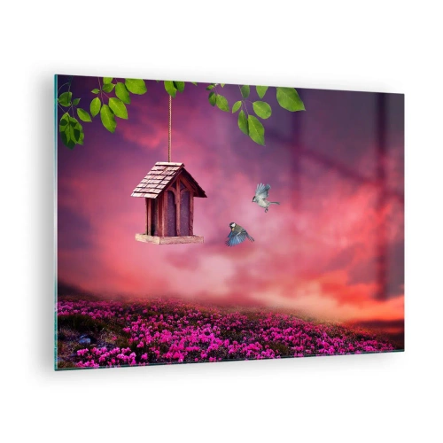 Glastavla - Bild på glas - En fågelmatare mot en rosa himmel - 70x50cm - Inbjudan till middag - Modern väggdekoration för vardagsrum och sovrum ARTTOR