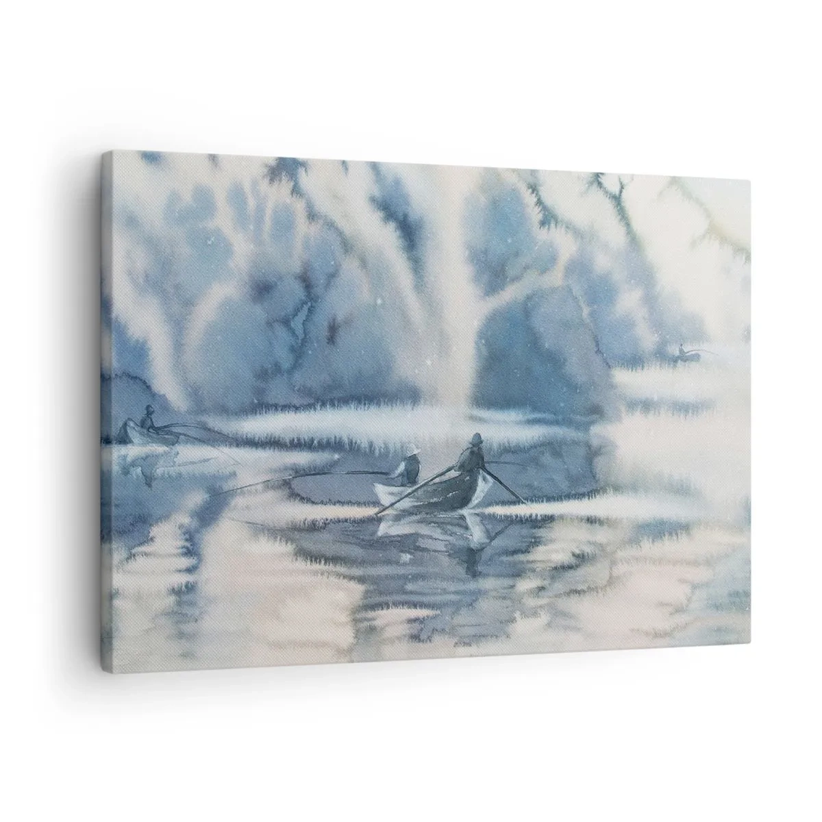 Canvastavla - Bild på duk - Akvarelllandskap med båtar på en sjö omgiven av en dimmig skog - 70x50cm - Sportfiskare i sitt paradis - Modern väggdekoration för vardagsrum och sovrum ARTTOR