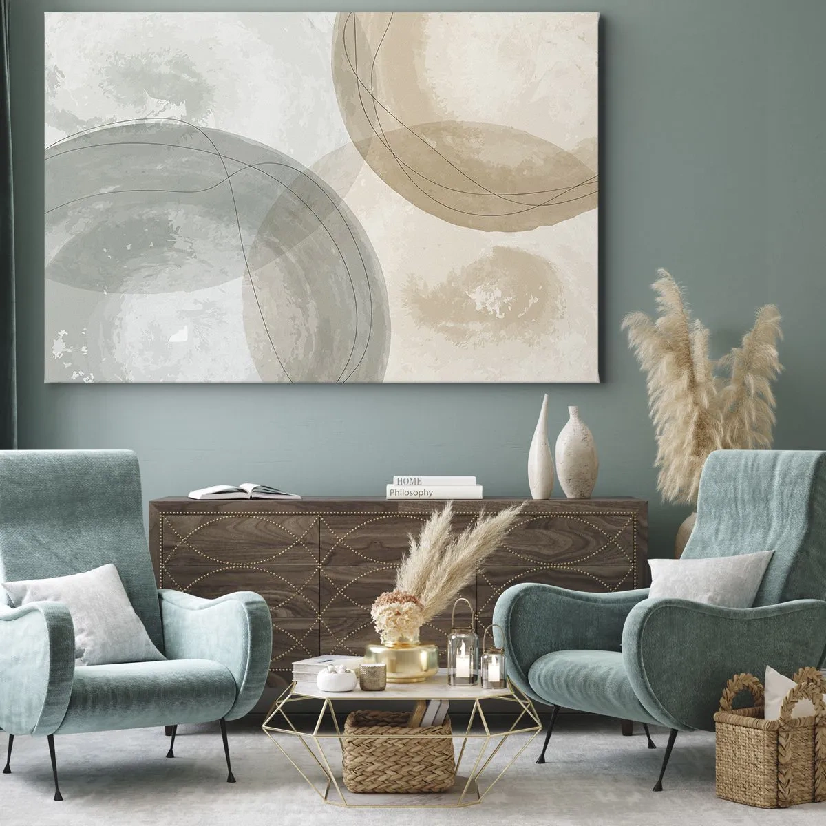 Canvastavla - Bild på duk - Abstrakt komposition i pastellfärger med linjer - 70x50cm - Världars samspel - Modern väggdekoration för vardagsrum och sovrum ARTTOR