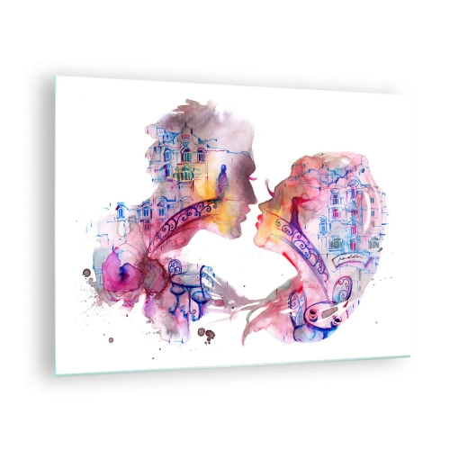 Glastavla - Bild på glas - Illustration av ett abstrakt porträtt av två personer i form av ett hjärta - 70x50cm - Suckarnas hemliga bro - Modern väggdekoration för vardagsrum och sovrum ARTTOR