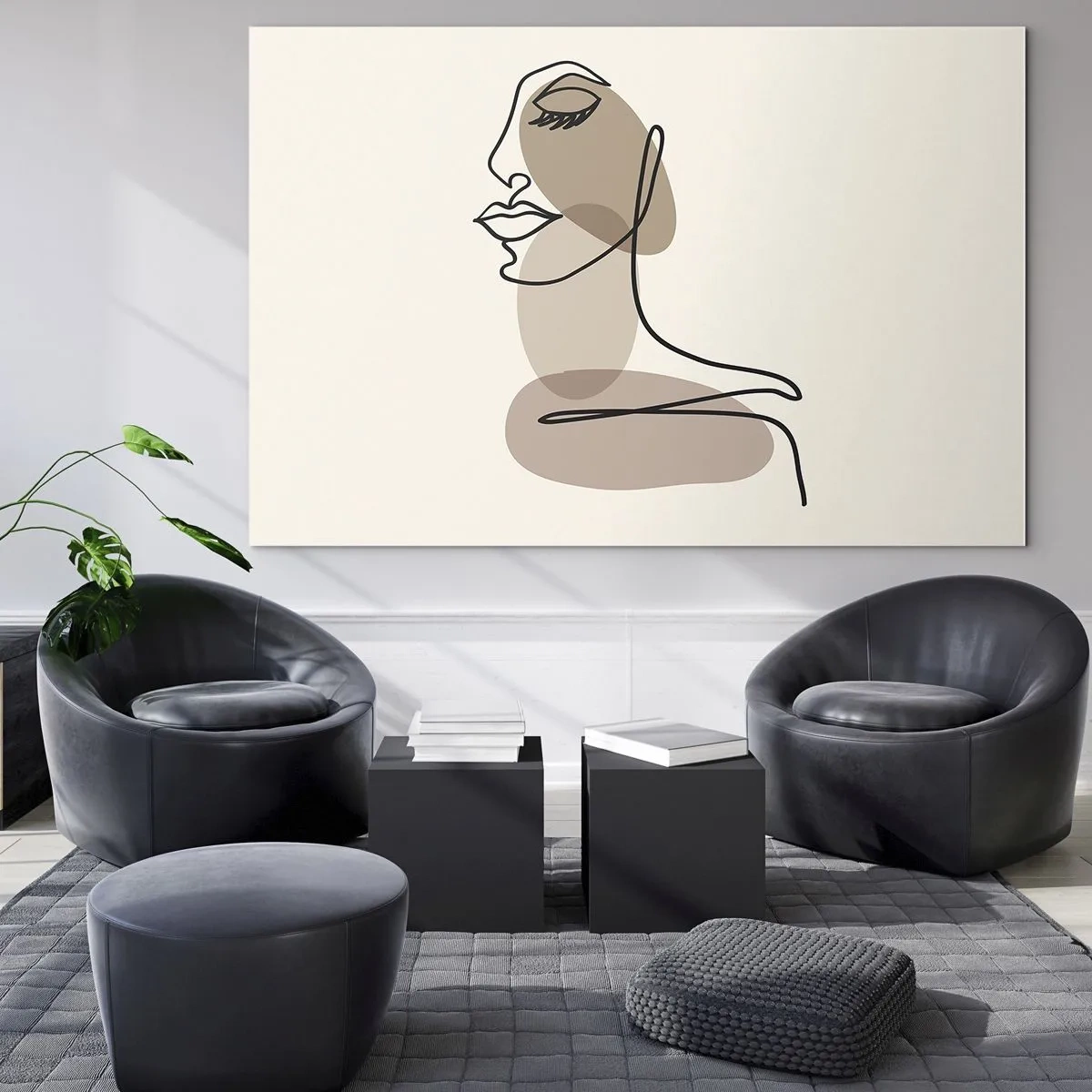 Glastavla - Bild på glas - Ett minimalistiskt kvinnoporträtt gjort med en heldragen linje. - 70x50cm - Skönhetens säkra linje - Modern väggdekoration för vardagsrum och sovrum ARTTOR