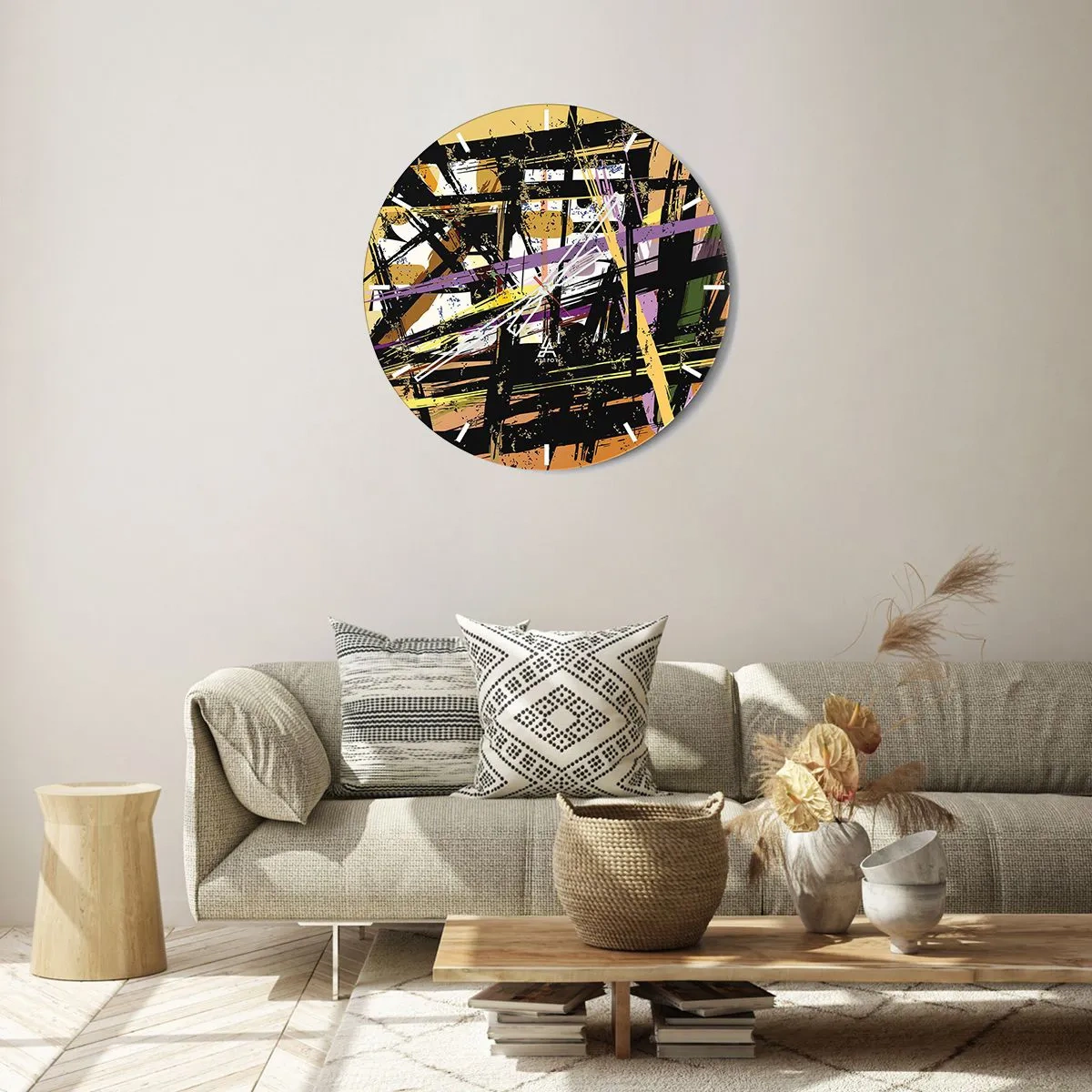 Väggklocka - Klocka på glas - Dynamiska abstrakta linjer och former i mörka och ljusa toner. - 30x30cm - Skarpt snitt - Modern väggdekoration för vardagsrum, kök och sovrum ARTTOR