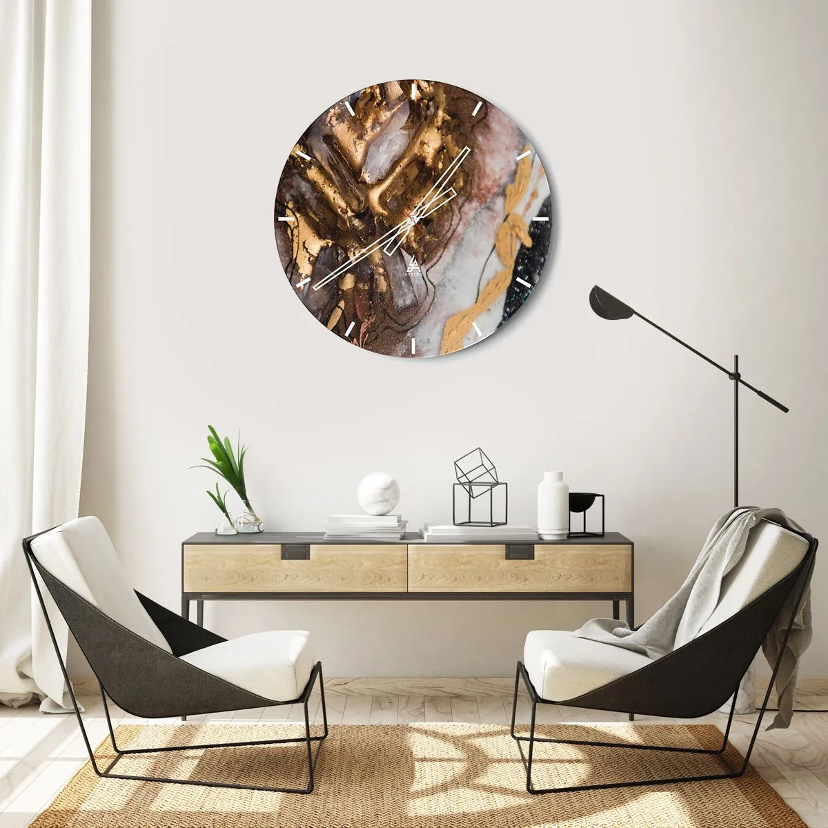 Väggklocka - Klocka på glas - Abstrakt komposition med guld- och mineraltexturer - 30x30cm - Jordens element - Modern väggdekoration för vardagsrum, kök och sovrum ARTTOR