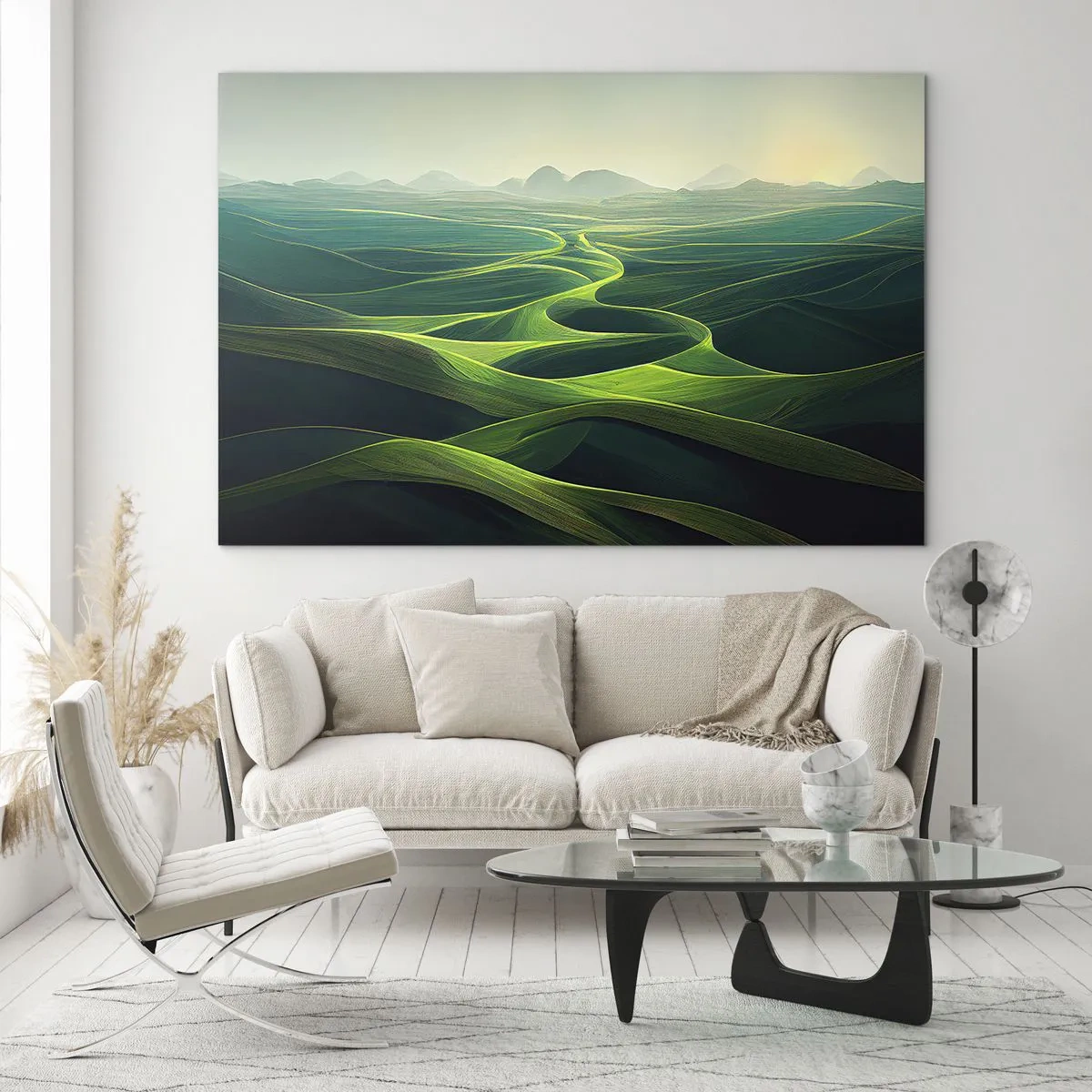 Glastavla - Bild på glas - Gröna kullar och dalar upplysta av solens strålar - 70x50cm - I gröna dalar - Modern väggdekoration för vardagsrum och sovrum ARTTOR