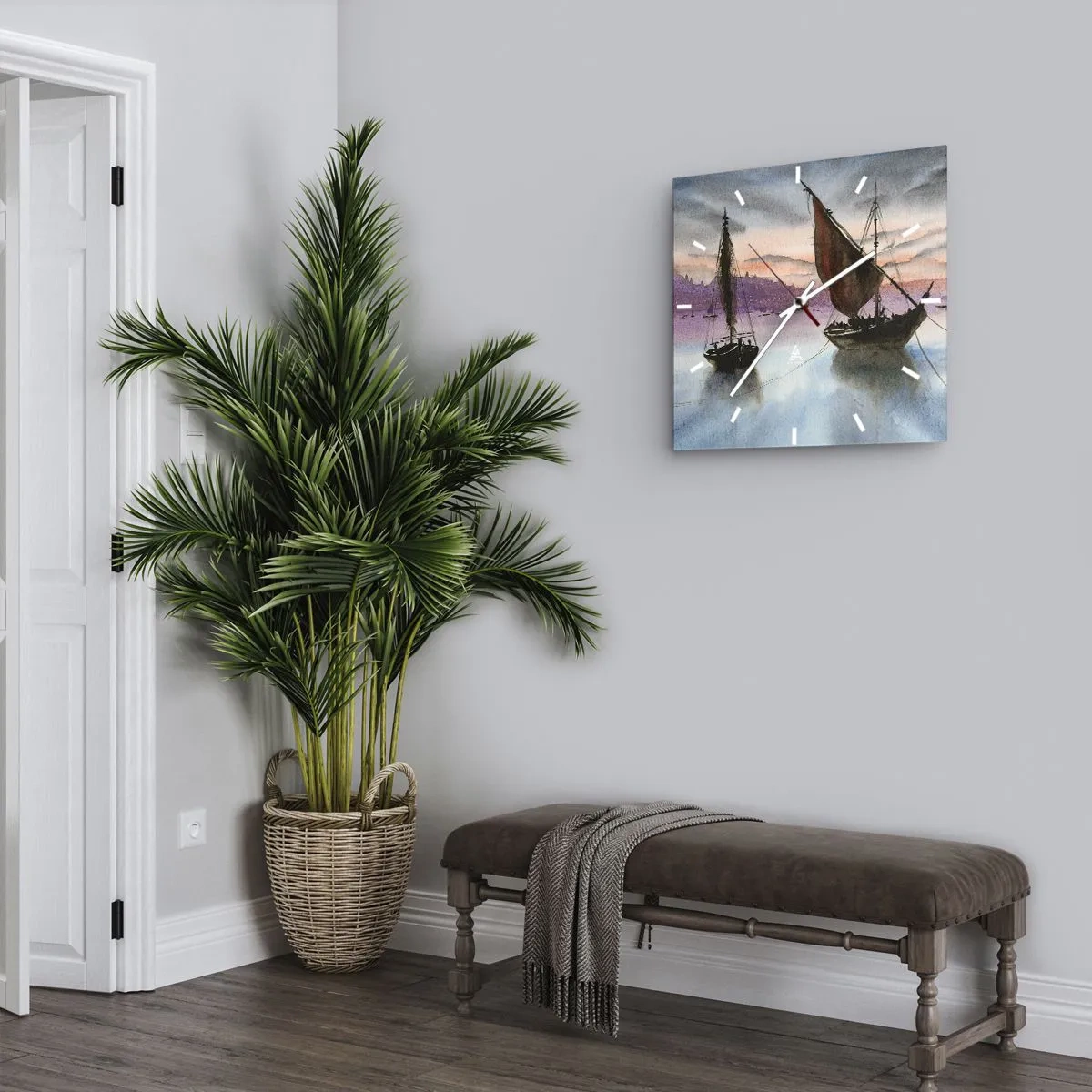 Väggklocka - Klocka på glas - Kväll i hamnen - 40x40 cm