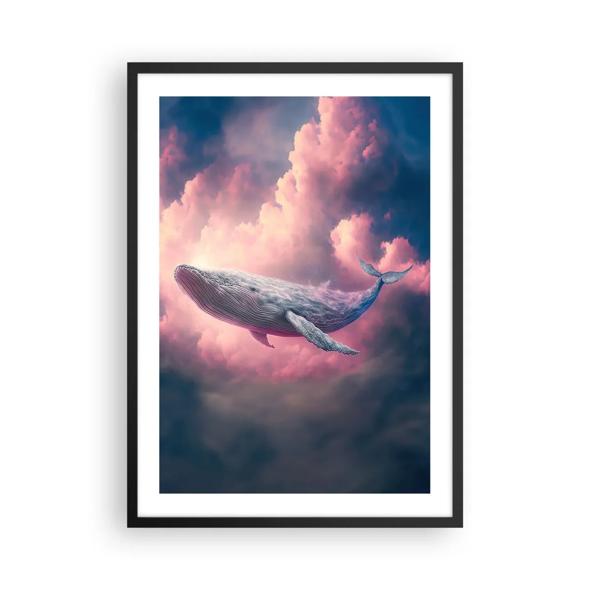 Affisch i svart ram - En val flyger bland rosa moln vid solnedgången. - 50x70cm - Torka dina ögon - Modern väggdekoration för vardagsrum och sovrum ARTTOR