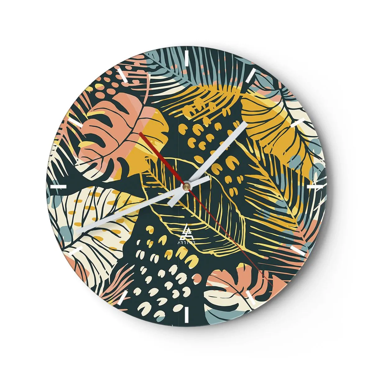Väggklocka - Klocka på glas - Färgglatt tropiskt lövmönster på en mörk bakgrund - 30x30cm - Lövfantasi - Modern väggdekoration för vardagsrum, kök och sovrum ARTTOR