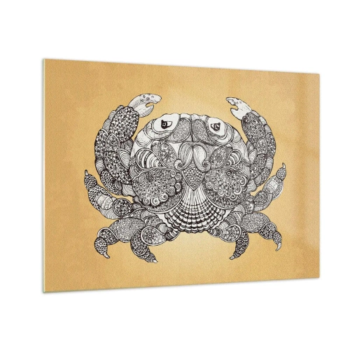 Glastavla - Bild på glas - Stiliserad teckning av en krabba med ornament på gul bakgrund - 70x50cm - Herr Krabba berättar - Modern väggdekoration för vardagsrum och sovrum ARTTOR