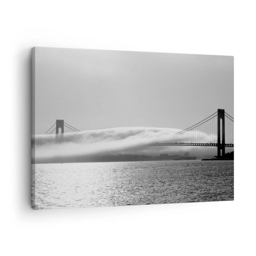 Canvastavla - Bild på duk - En bro över vatten höljd i dimma i svartvitt - 70x50cm - Passera Golden Gate - Modern väggdekoration för vardagsrum och sovrum ARTTOR