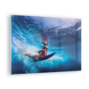 Glastavla - Bild på glas - En undervattensscen med en surfare i dynamisk action - 70x50cm - Glädjens djup - Modern väggdekoration för vardagsrum och sovrum ARTTOR