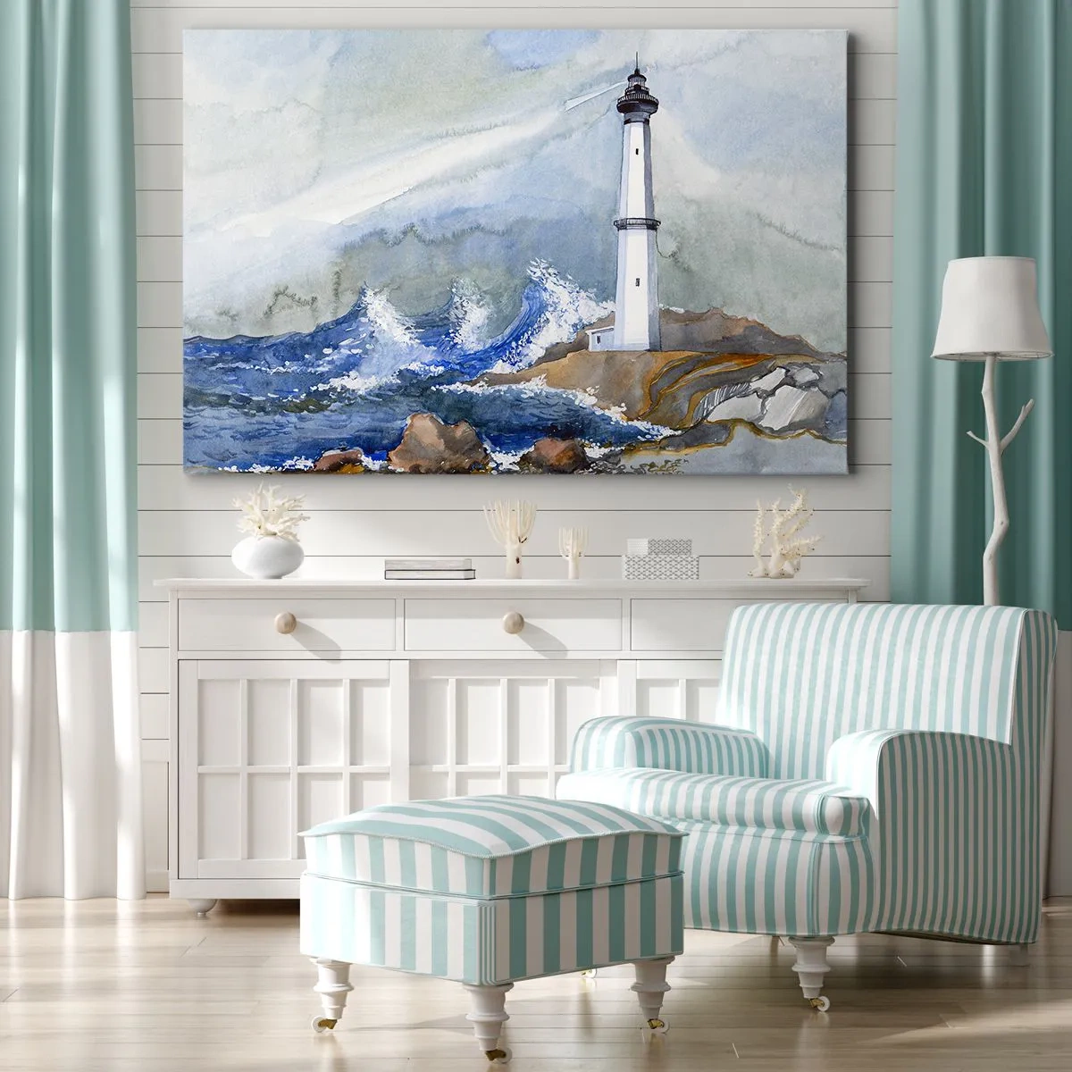 Canvastavla - Bild på duk - En fyr på en klippig strand med ett grovt hav - 70x50cm - Mot mörkret och stormen - Modern väggdekoration för vardagsrum och sovrum ARTTOR