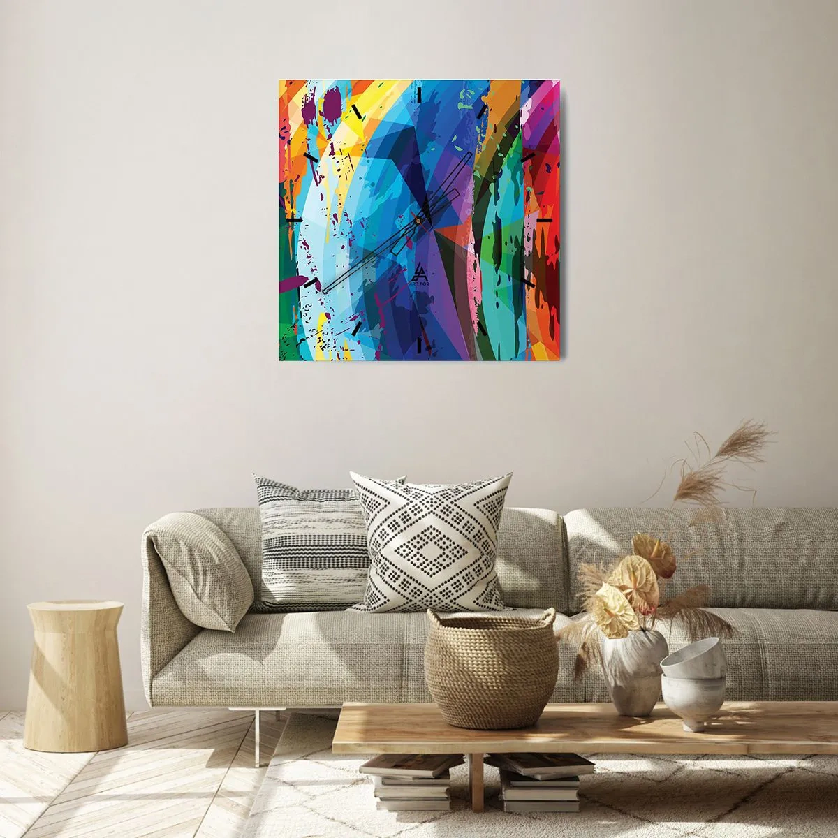 Väggklocka - Klocka på glas - Färgglad yrsel - 40x40 cm