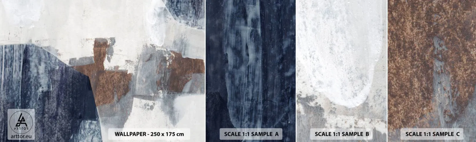 Fototapet Prov Standard Eco - Blåbruna former - Bit, Abstraktion, Minimalism - 100x30 cm