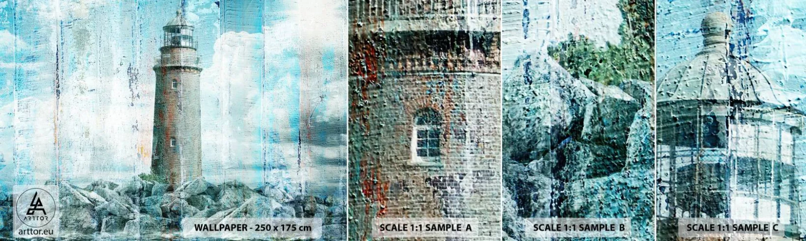 Provbit av självhäftande fototapet Deluxe Sticker - På gammalt trä - Abstraktion, Fyr, Hav - 100x30 cm