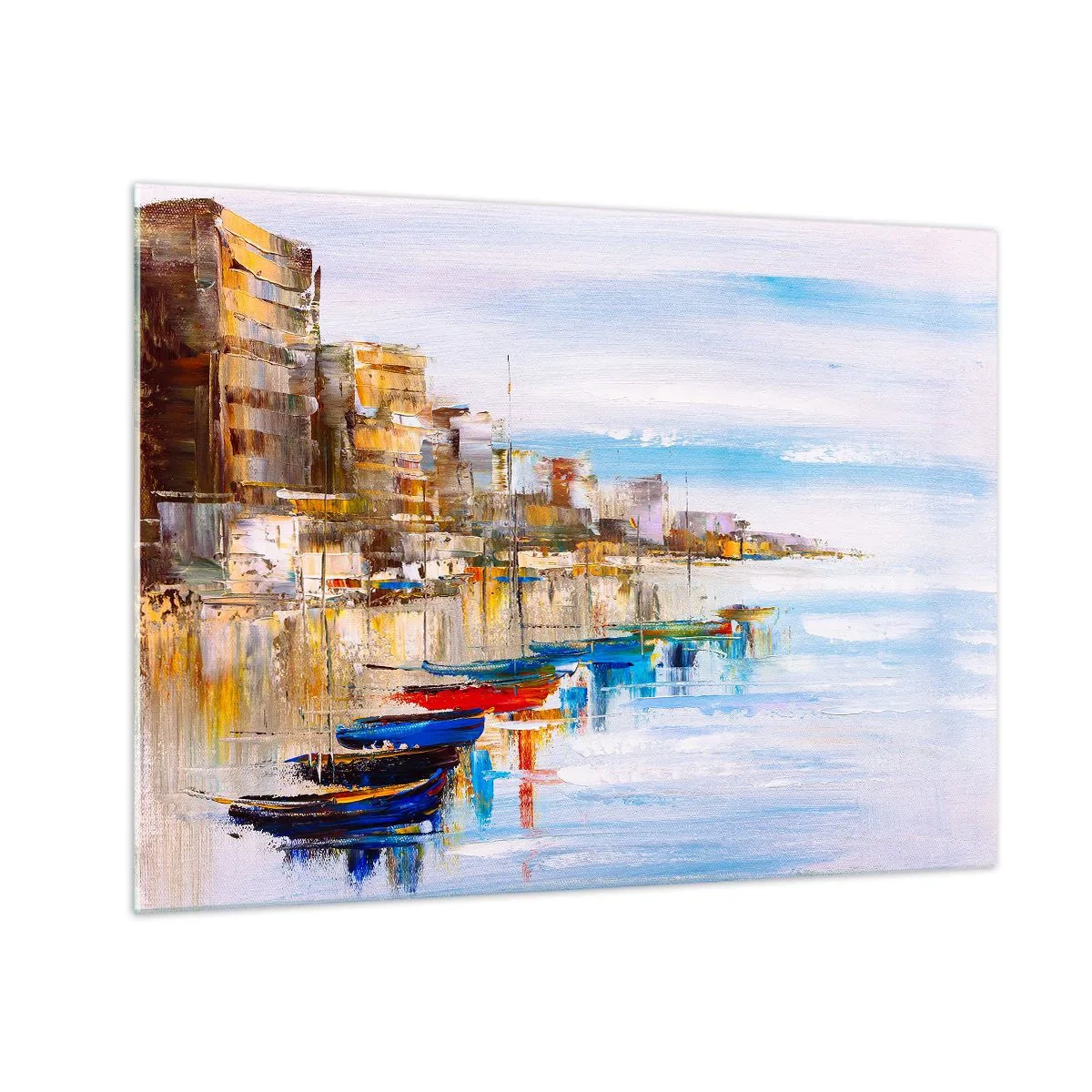 Glastavla - Bild på glas - Färgglada båtar förtöjda vid stadens kaj - 70x50cm - Flerfärgad urban hamn - Modern väggdekoration för vardagsrum och sovrum ARTTOR