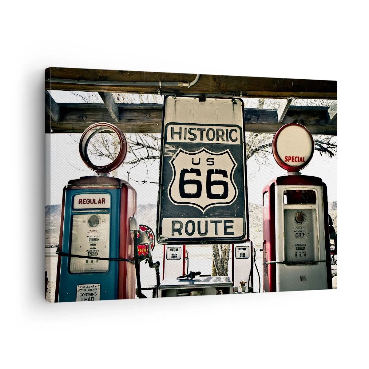 Canvastavla - Bild på duk - Historisk bensinstation på Route 66 - 70x50cm - Amerikansk retroresa - Modern väggdekoration för vardagsrum och sovrum ARTTOR
