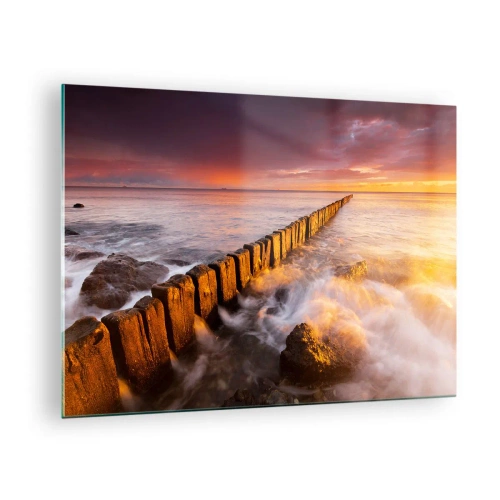 Glastavla - Bild på glas - Solnedgång över havet med en trävågbrytare - 70x50cm - MIlda vågor - Modern väggdekoration för vardagsrum och sovrum ARTTOR