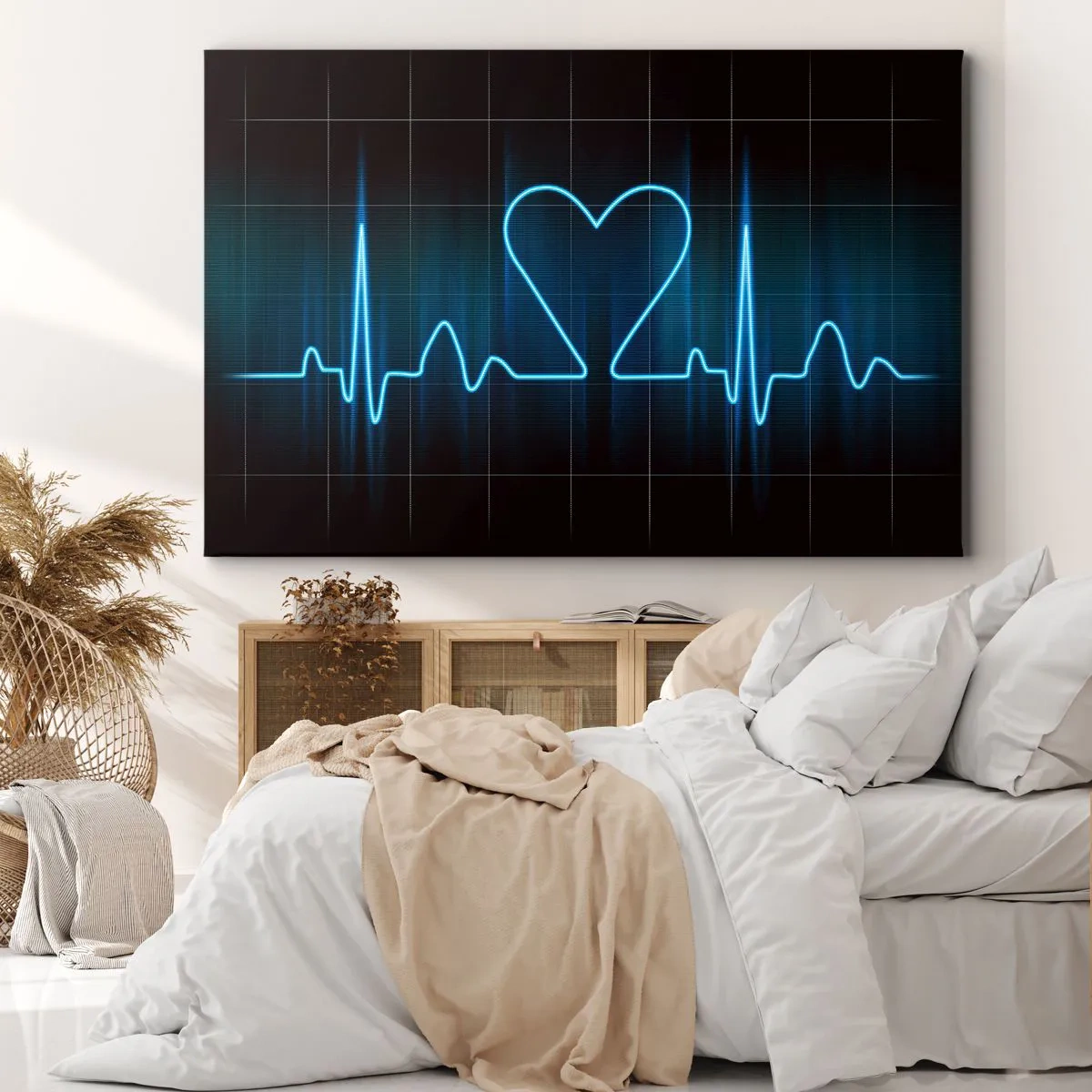 Canvastavla - Bild på duk - En livlina med ett hjärta på en bakgrund av medicinsk övervakning i blå nyanser. - 70x50cm - I hjärtats takt - Modern väggdekoration för vardagsrum och sovrum ARTTOR