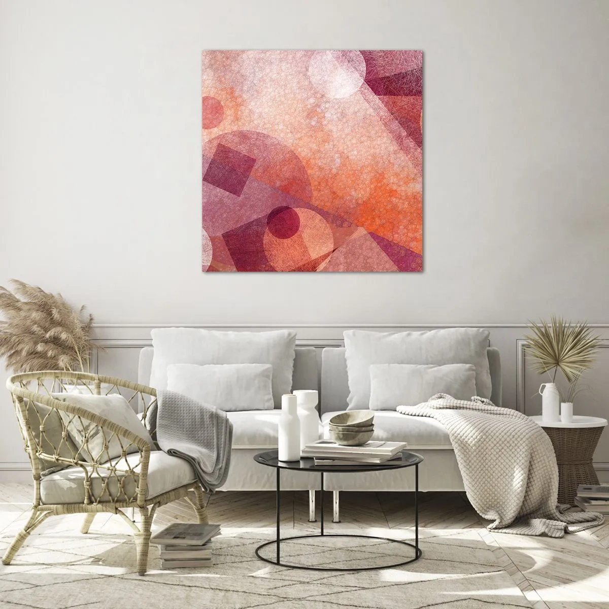 Glastavla - Bild på glas - Geometriska omvandlingar i rosa - 40x40 cm