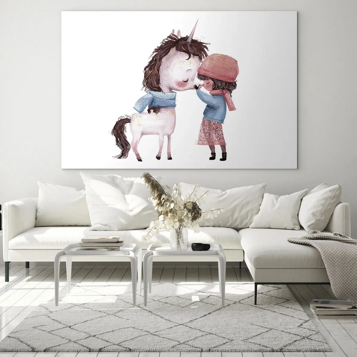 Glastavla - Bild på glas - En flicka och en enhörning i ett vinterlandskap - 70x50cm - Vintersaga - Modern väggdekoration för vardagsrum och sovrum ARTTOR
