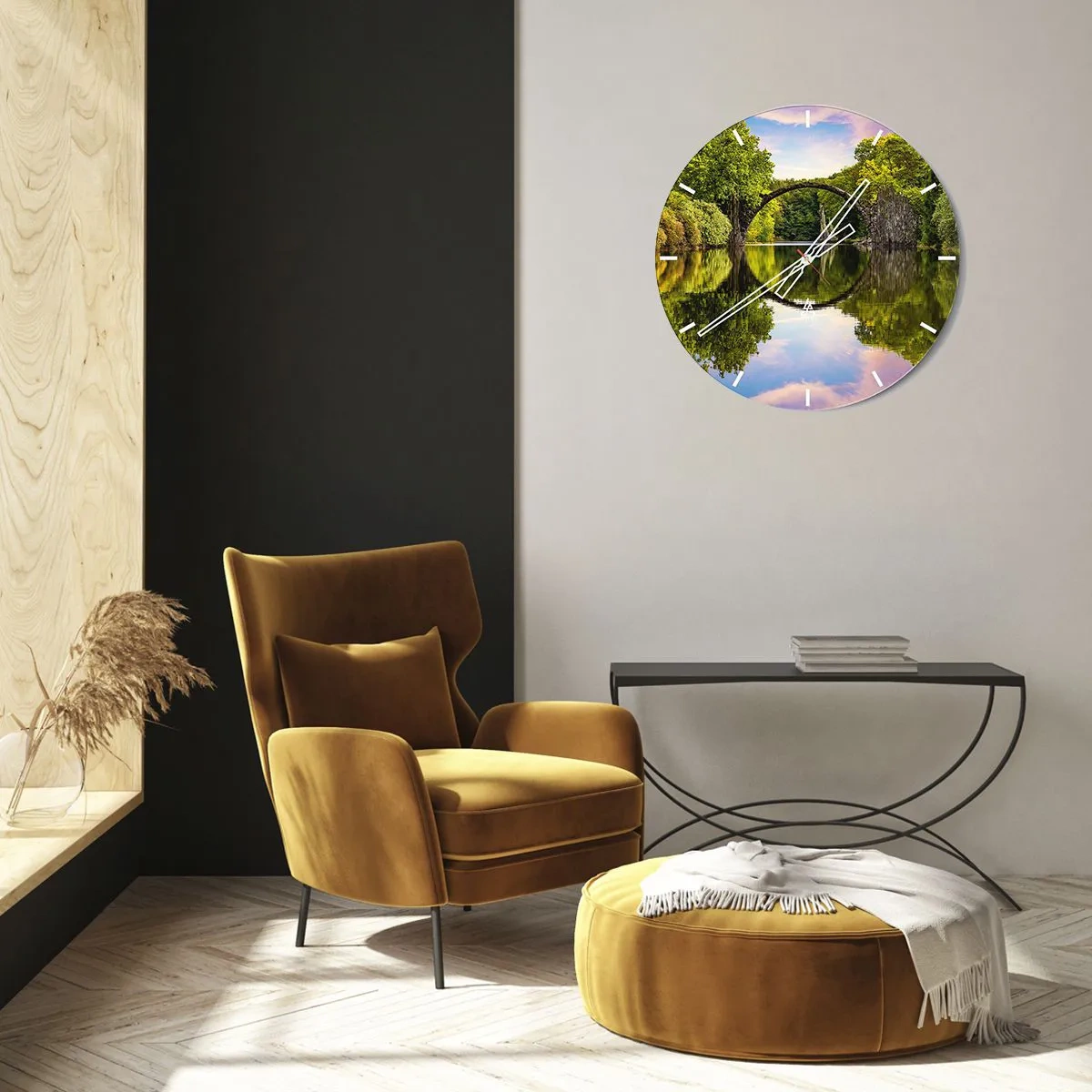 Väggklocka - Klocka på glas - Rakotzbrücke-bron speglas i vattnet - 30x30cm - På skarven mellan två världar - Modern väggdekoration för vardagsrum, kök och sovrum ARTTOR