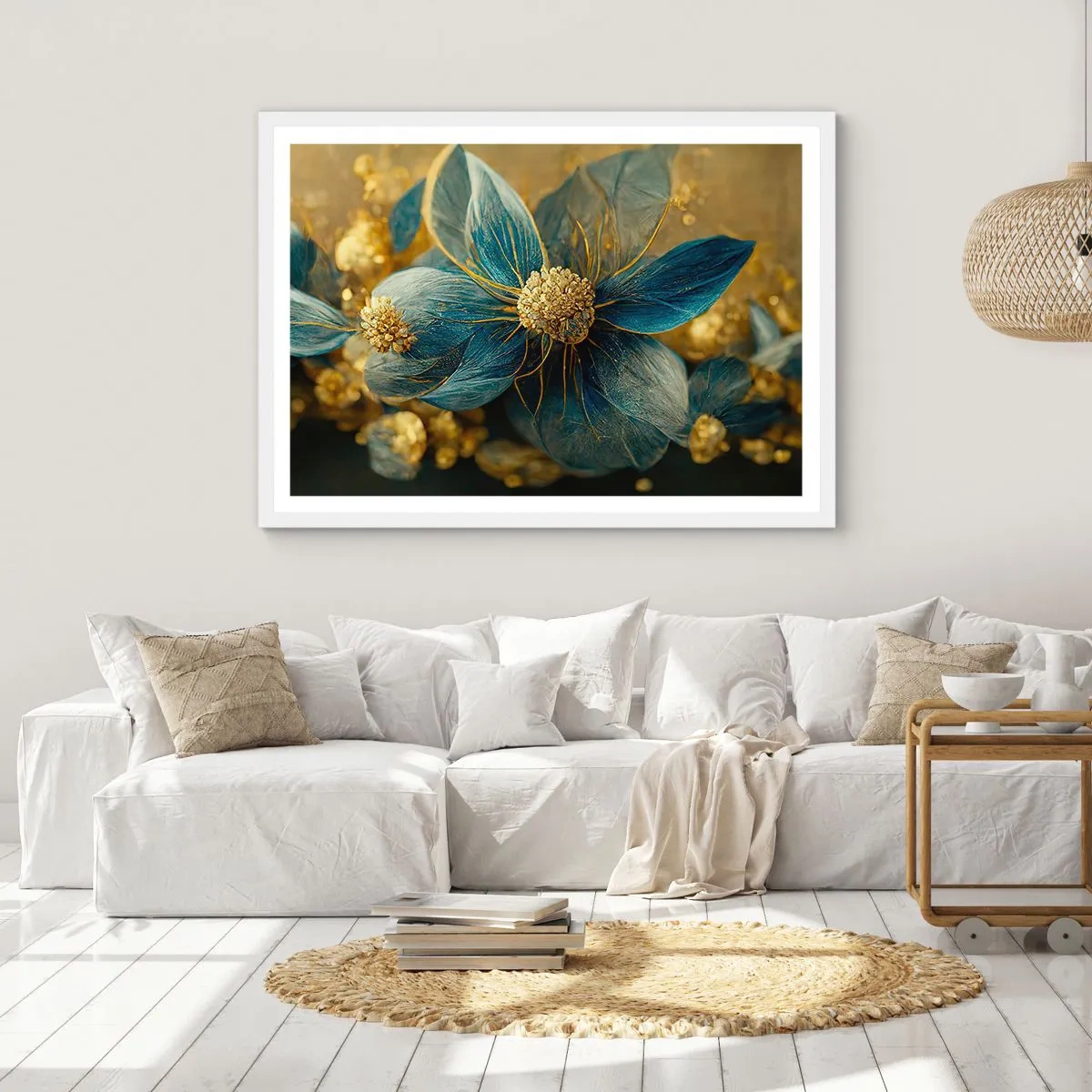 Affisch i vit ram - Blommande av guld - 50x40 cm