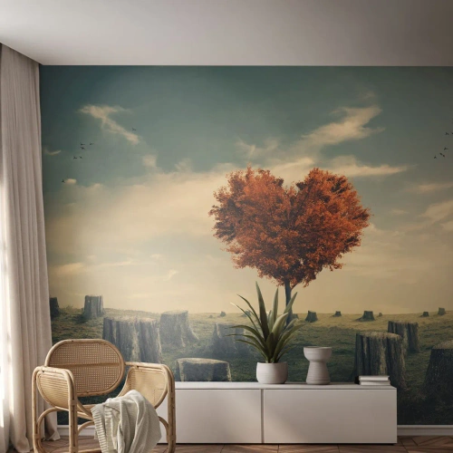 Fototapet Standard Eco - Ett hjärtformat träd bland de fällda stammarna - 100x70cm - Det finns fortfarande hopp - Modern väggdekoration för vardagsrum och sovrum ARTTOR