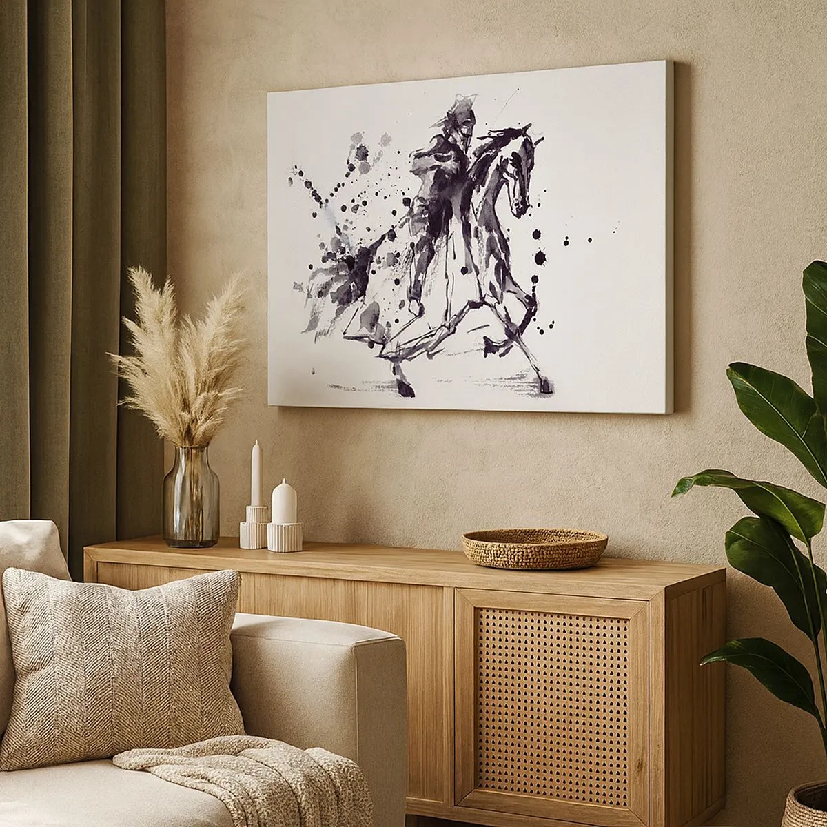 Canvastavla - Bild på duk - Svartvit akvarell av en ryttare på en galopperande häst - 70x50cm - Svart riddare - Modern väggdekoration för vardagsrum och sovrum ARTTOR