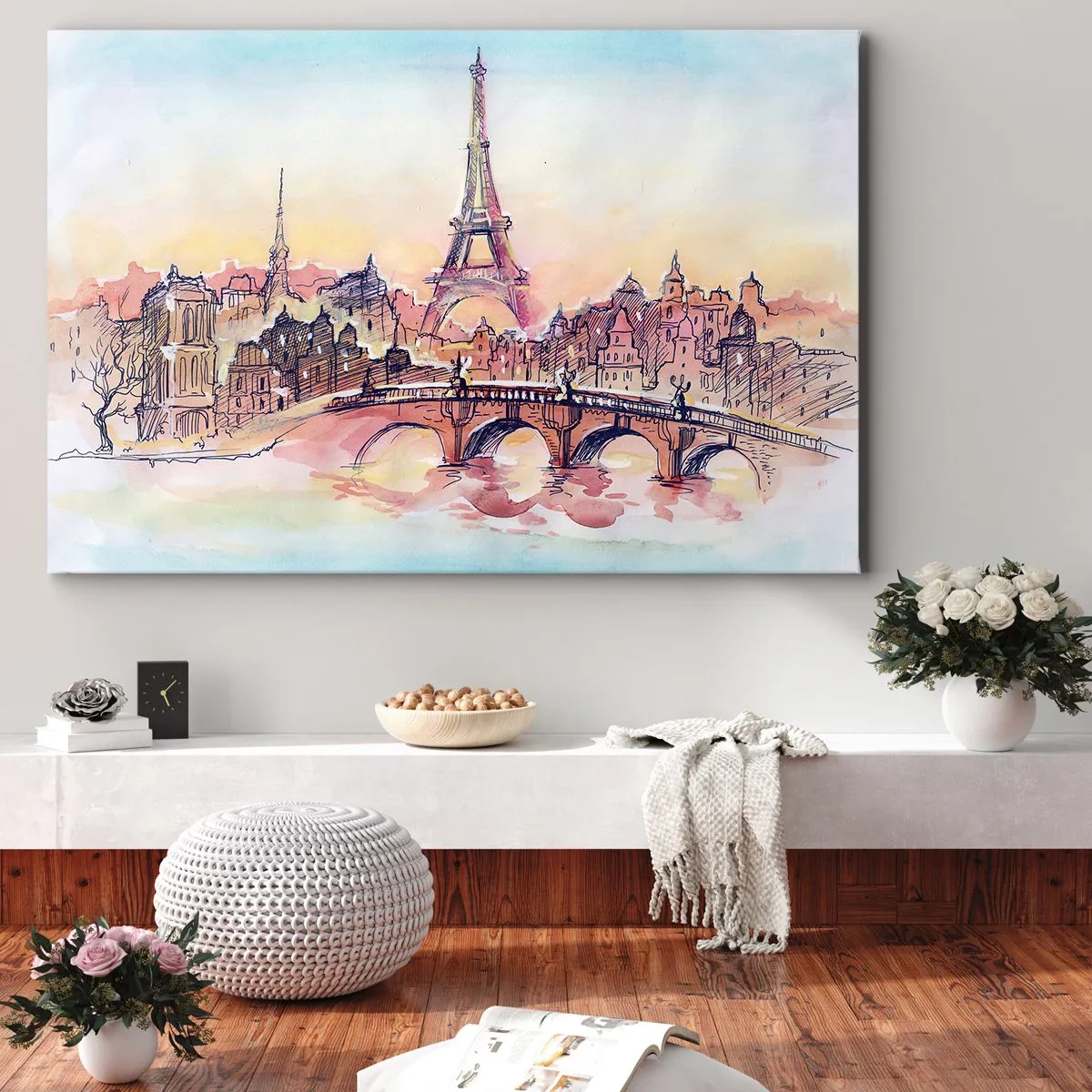 Canvastavla - Bild på duk - Akvarellpanorama över Paris med Eiffeltornet i solnedgången - 70x50cm - Den enda staden av denna art i världen - Modern väggdekoration för vardagsrum och sovrum ARTTOR