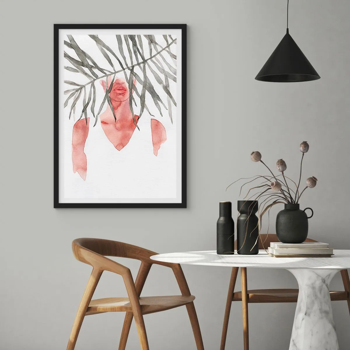 Affisch i svart ram - Akvarell silhuett av en kvinna gömd bakom löv - 50x70cm - Tropikens dam - Modern väggdekoration för vardagsrum och sovrum ARTTOR