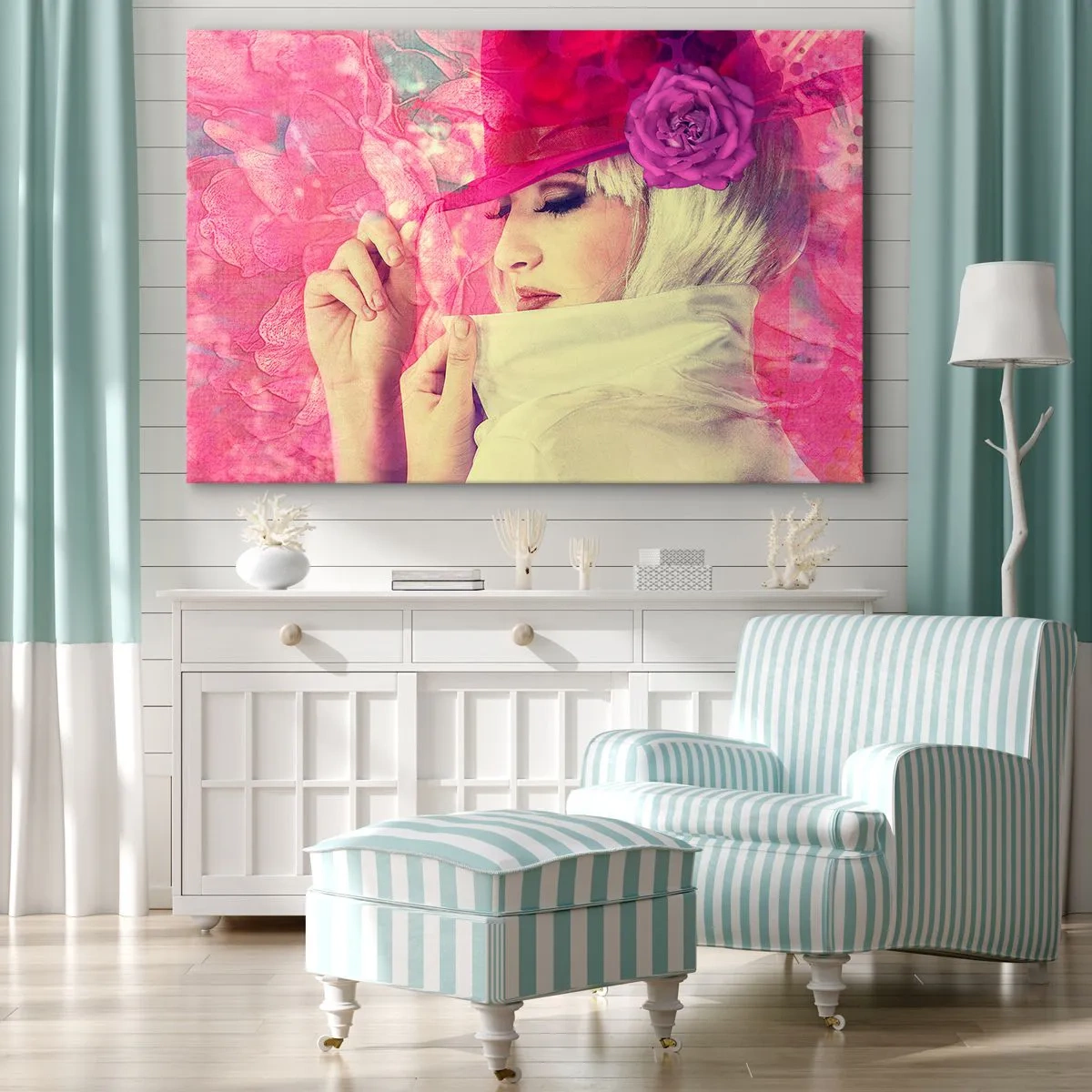 Canvastavla - Bild på duk - Retroporträtt i rosa ångor - 100x70 cm