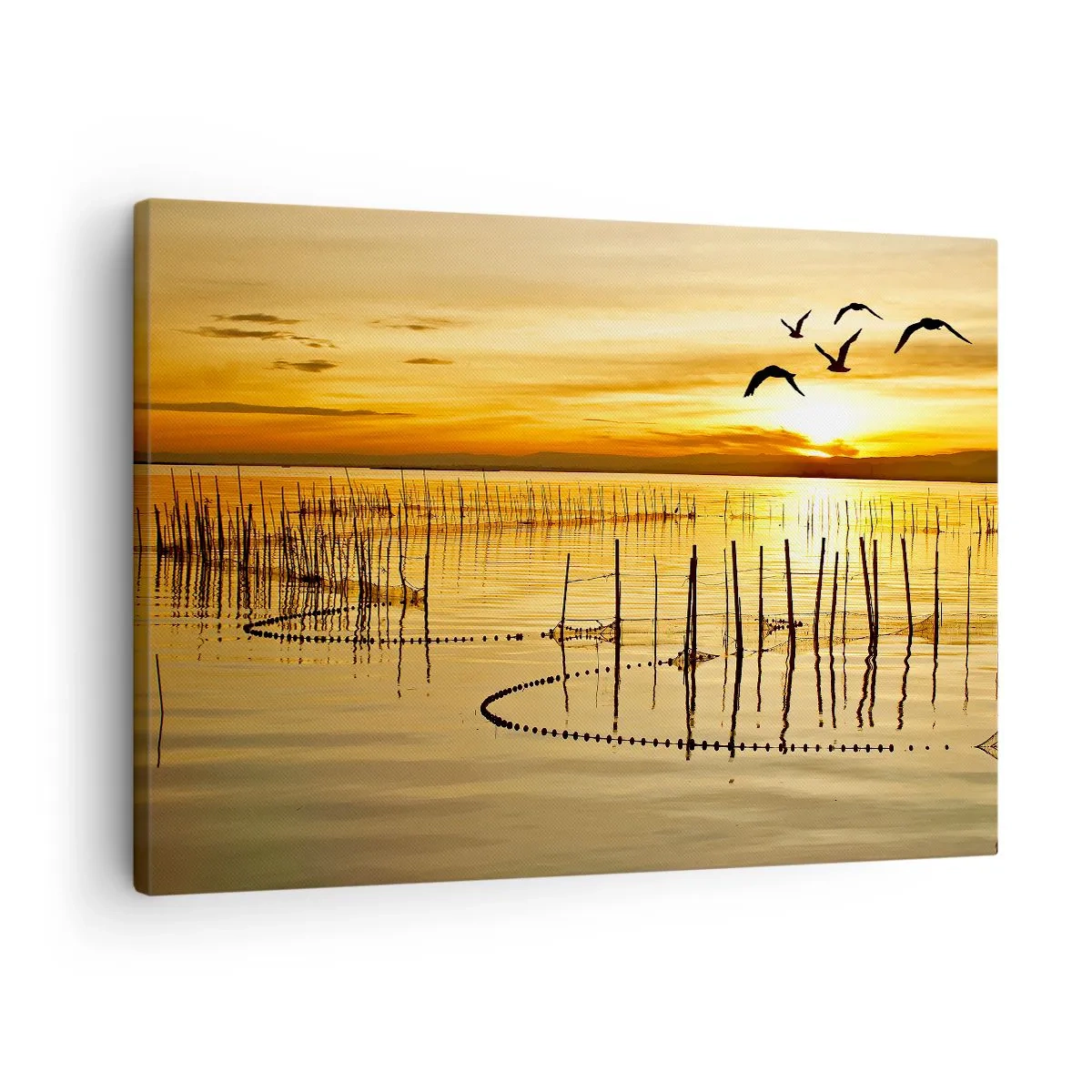 Canvastavla - Bild på duk - Solnedgång över vattnet med fåglar i flykt - 70x50cm - Fiskevatten - Modern väggdekoration för vardagsrum och sovrum ARTTOR