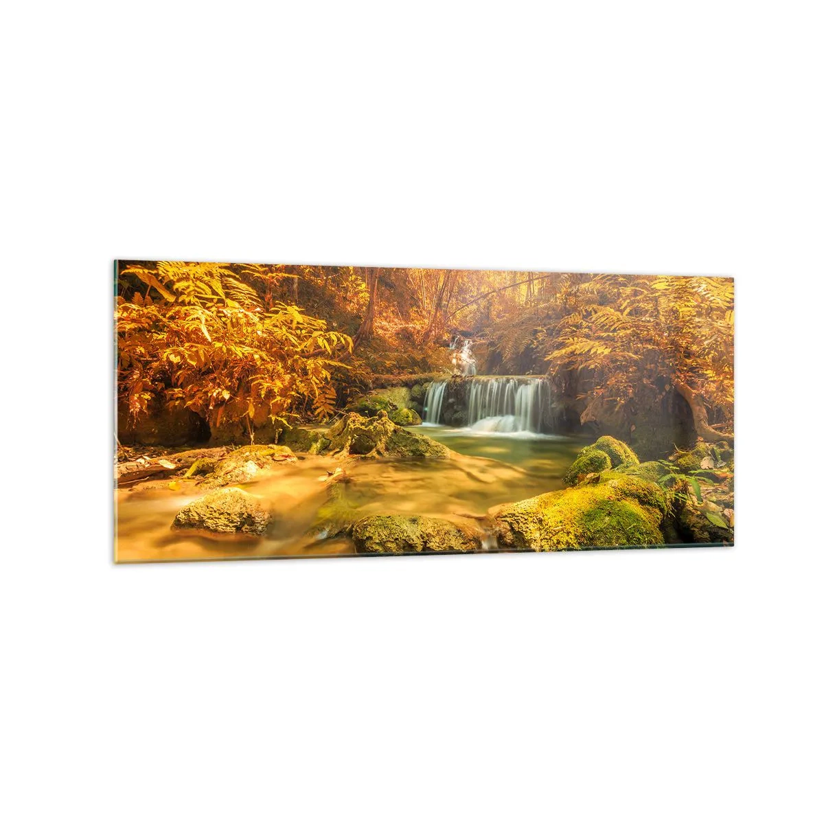 Glastavla - Bild på glas - Skogkaskad i gult - 120x50 cm