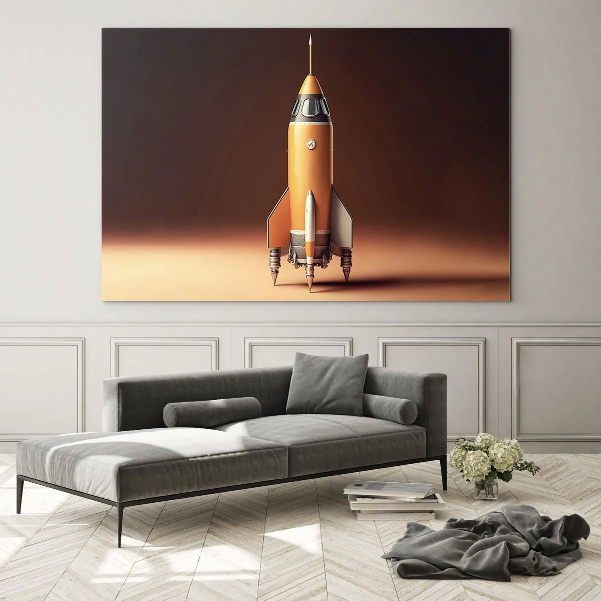 Glastavla - Bild på glas - En orange raket mot en mjuk ljus bakgrund - 70x50cm - Det börjar med en dröm - Modern väggdekoration för vardagsrum och sovrum ARTTOR