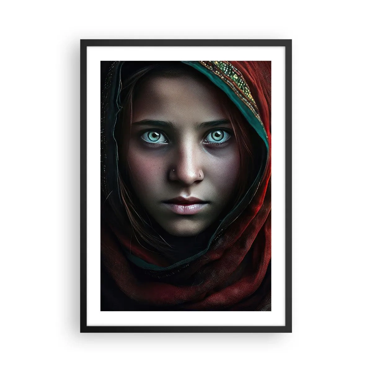 Affisch i svart ram - Porträtt av en flicka i en röd sjal med hypnotiserande ögon - 50x70cm - Östlig prinsessa - Modern väggdekoration för vardagsrum och sovrum ARTTOR