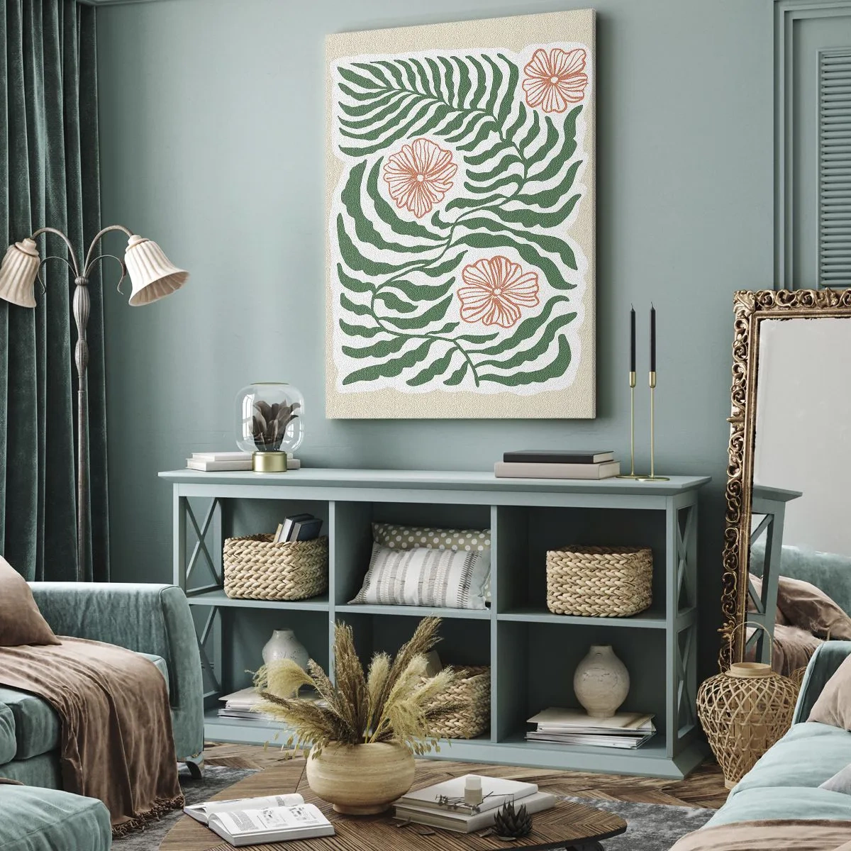 Canvastavla - Bild på duk - Blommande i grönt - 55x100 cm