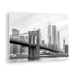 Glastavla - Bild på glas - Svartvitt foto av en bro och stadsbild - 70x50cm - New York stämning - Modern väggdekoration för vardagsrum och sovrum ARTTOR