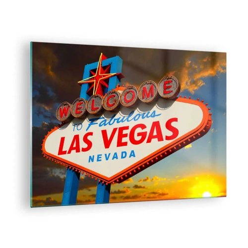 Glastavla - Bild på glas - Välkomstskylten i Las Vegas mot den nedgående solen - 70x50cm - Hjälpa lyckan - Modern väggdekoration för vardagsrum och sovrum ARTTOR