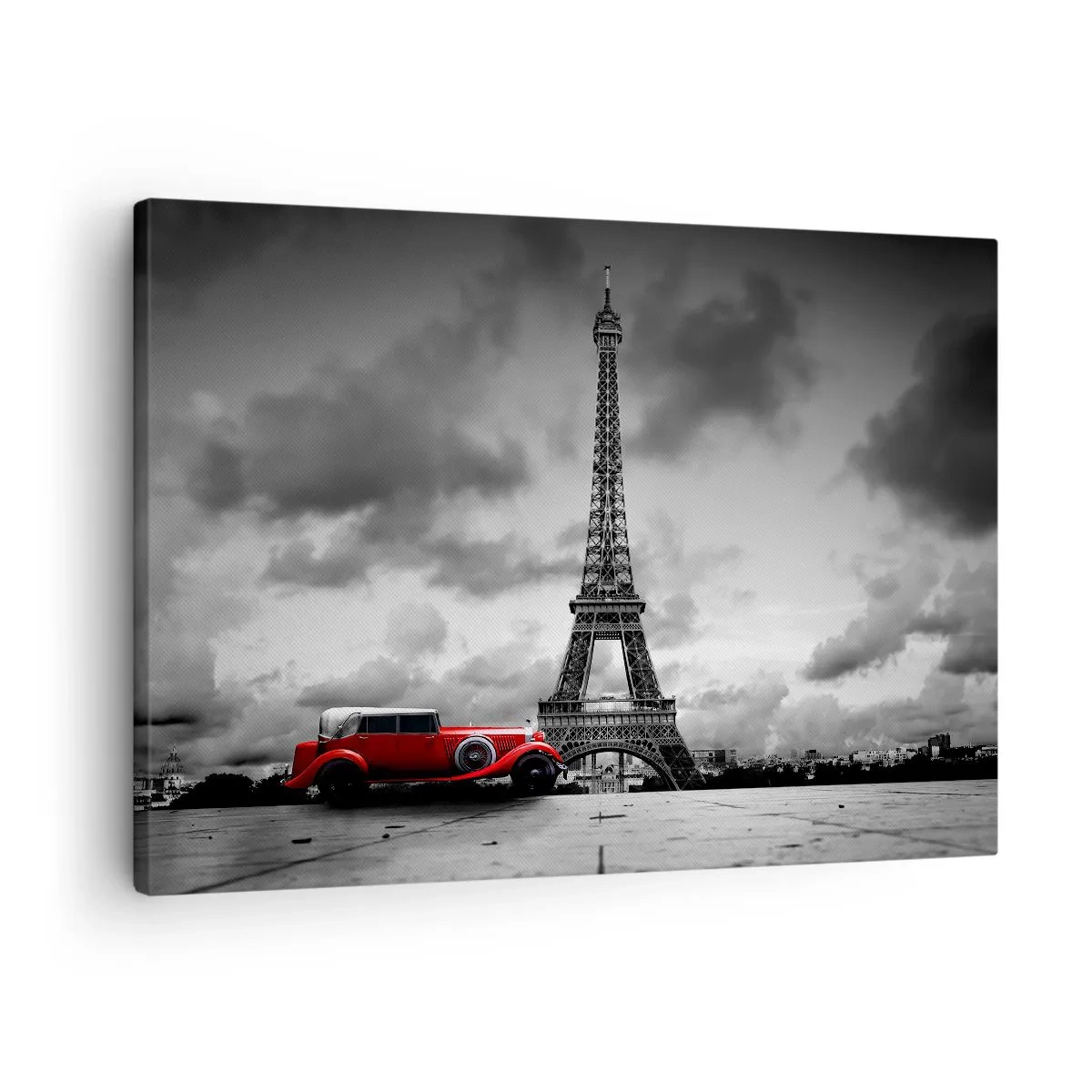 Canvastavla - Bild på duk - Röd retrobil framför Eiffeltornet i svartvitt - 70x50cm - Inte så länge sedan i Paris - Modern väggdekoration för vardagsrum och sovrum ARTTOR