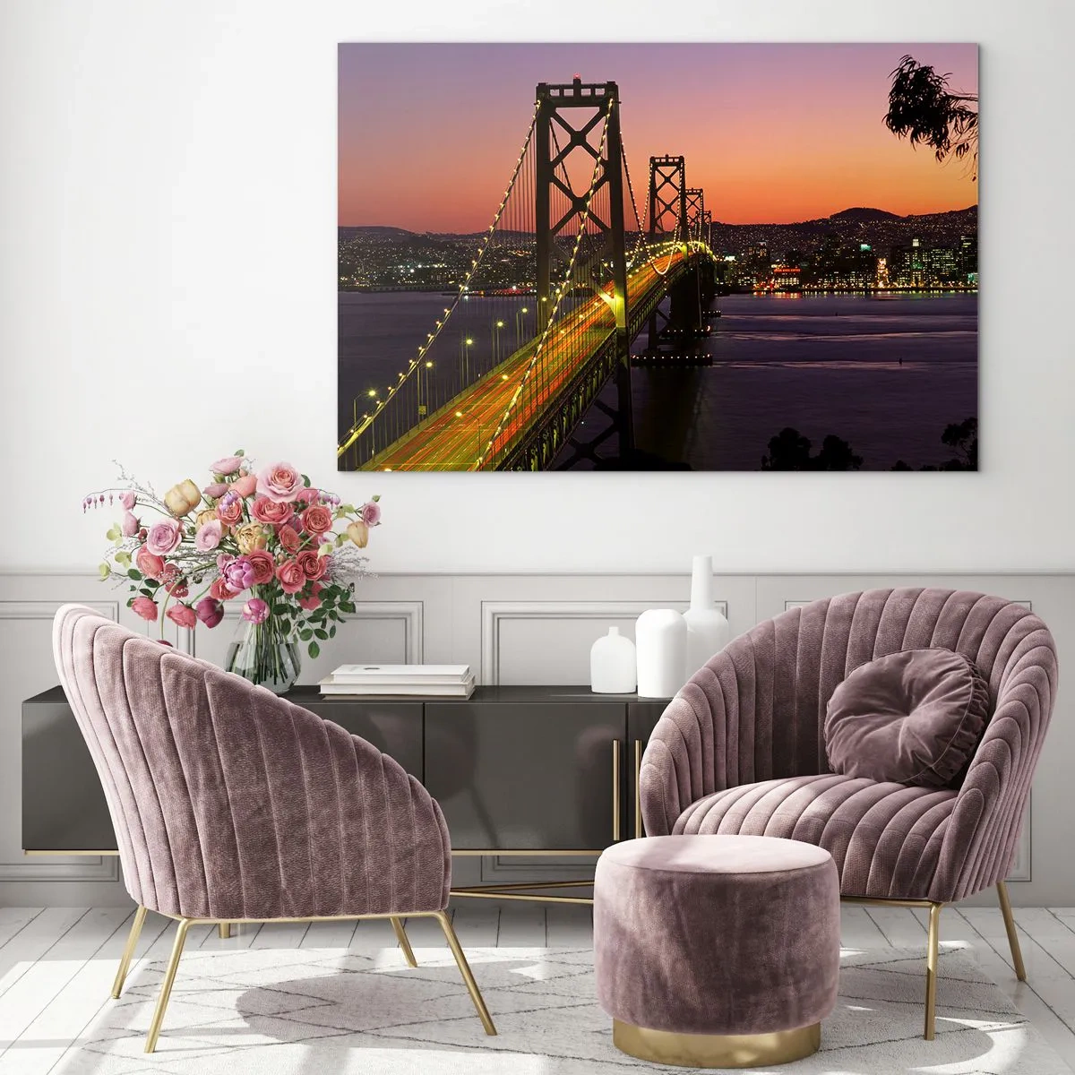Glastavla - Bild på glas - Bron på natten i staden och solnedgångsljuset - 70x50cm - En kväll i violett - Modern väggdekoration för vardagsrum och sovrum ARTTOR