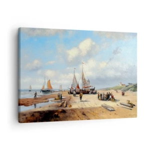 Canvastavla - Bild på duk - Fiskebåtar på stranden med mänskliga figurer - 70x50cm - Efter en lyckad fångst - Modern väggdekoration för vardagsrum och sovrum ARTTOR