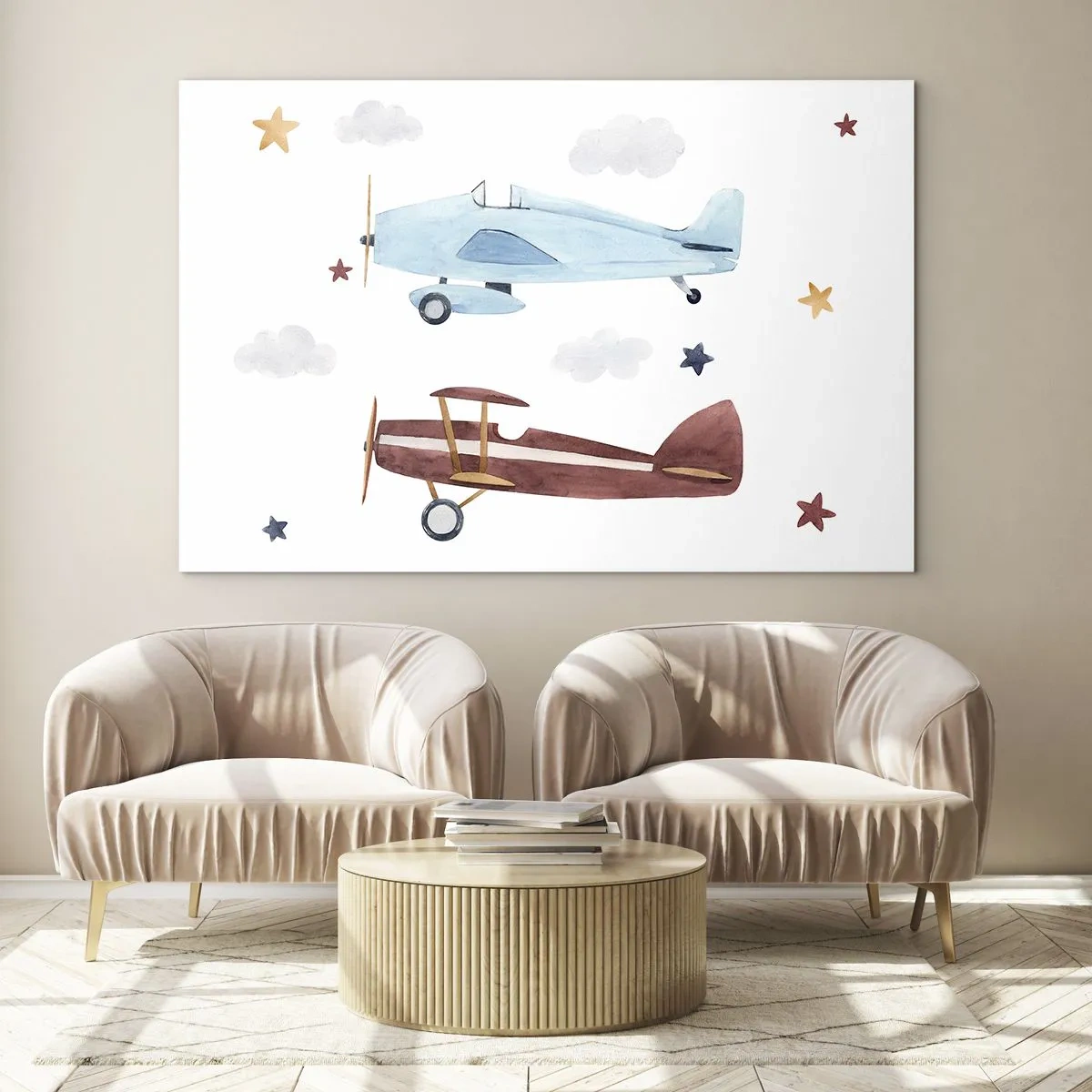 Glastavla - Bild på glas - Två färgglada flygplan bland stjärnorna och molnen - 70x50cm - Herr pilot, vi väntar! - Modern väggdekoration för vardagsrum och sovrum ARTTOR