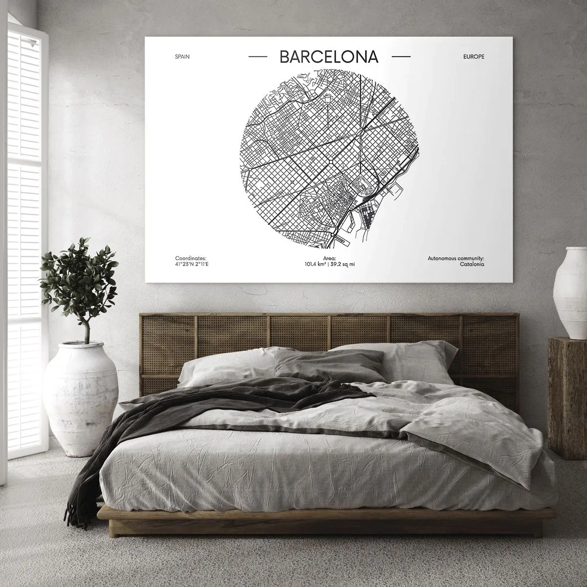 Glastavla - Bild på glas - En minimalistisk karta över Barcelona i svartvit estetik - 70x50cm - Barcelonas anatomi - Modern väggdekoration för vardagsrum och sovrum ARTTOR