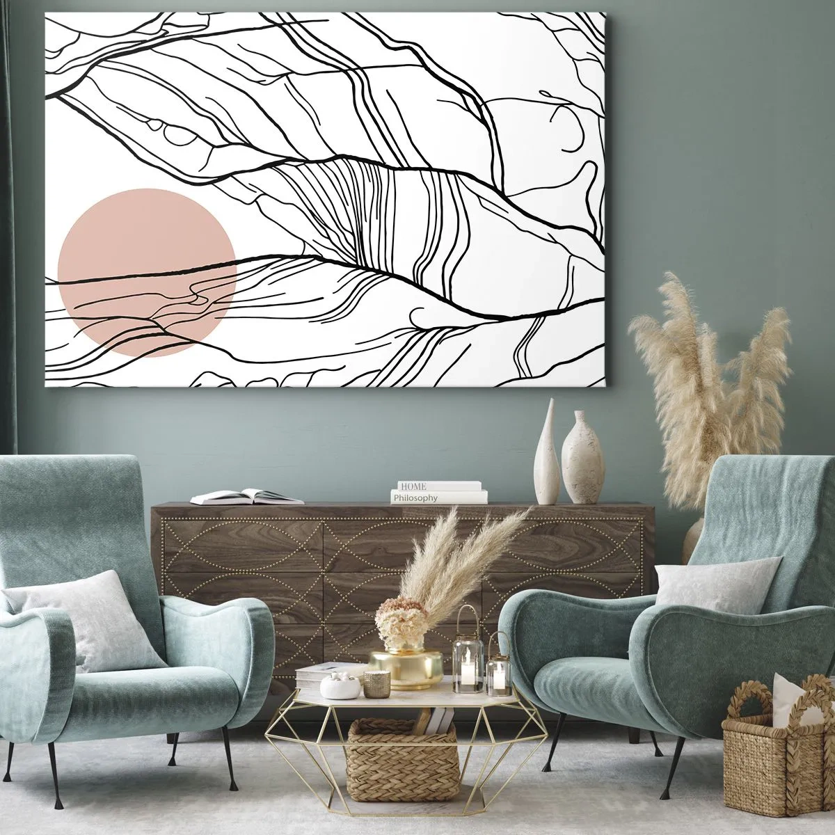 Canvastavla - Bild på duk - Minimalistiska linjer med geometrisk accent - 70x50cm - I grenarnas nät - Modern väggdekoration för vardagsrum och sovrum ARTTOR