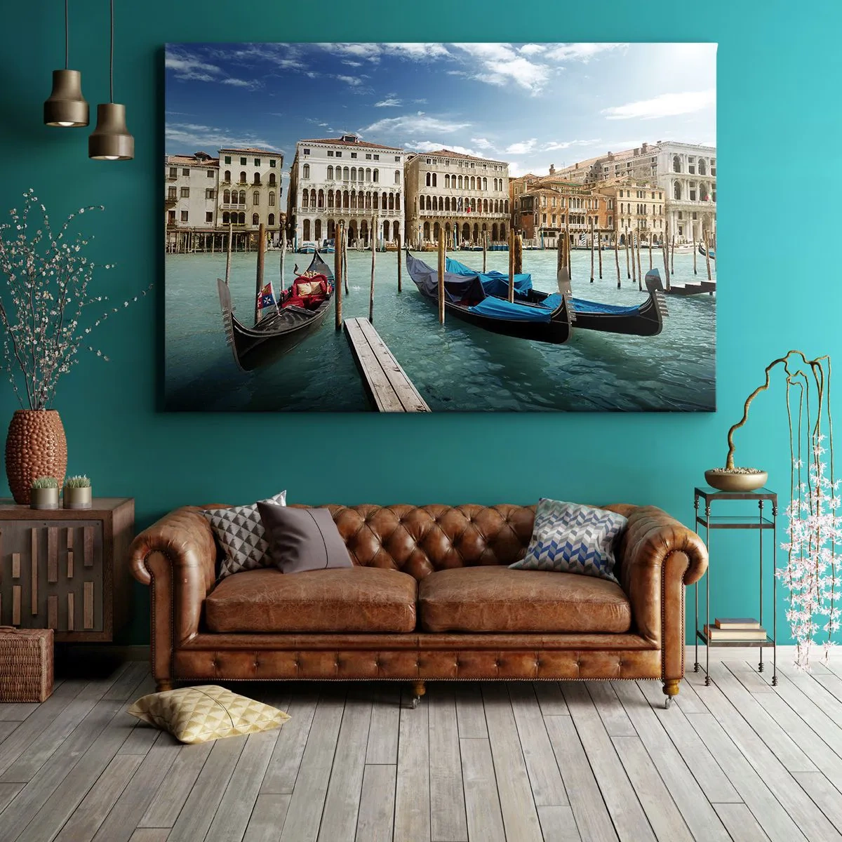 Canvastavla - Bild på duk - Venedig med gondoler och palats mot himlen - 70x50cm - Palats i blått - Modern väggdekoration för vardagsrum och sovrum ARTTOR