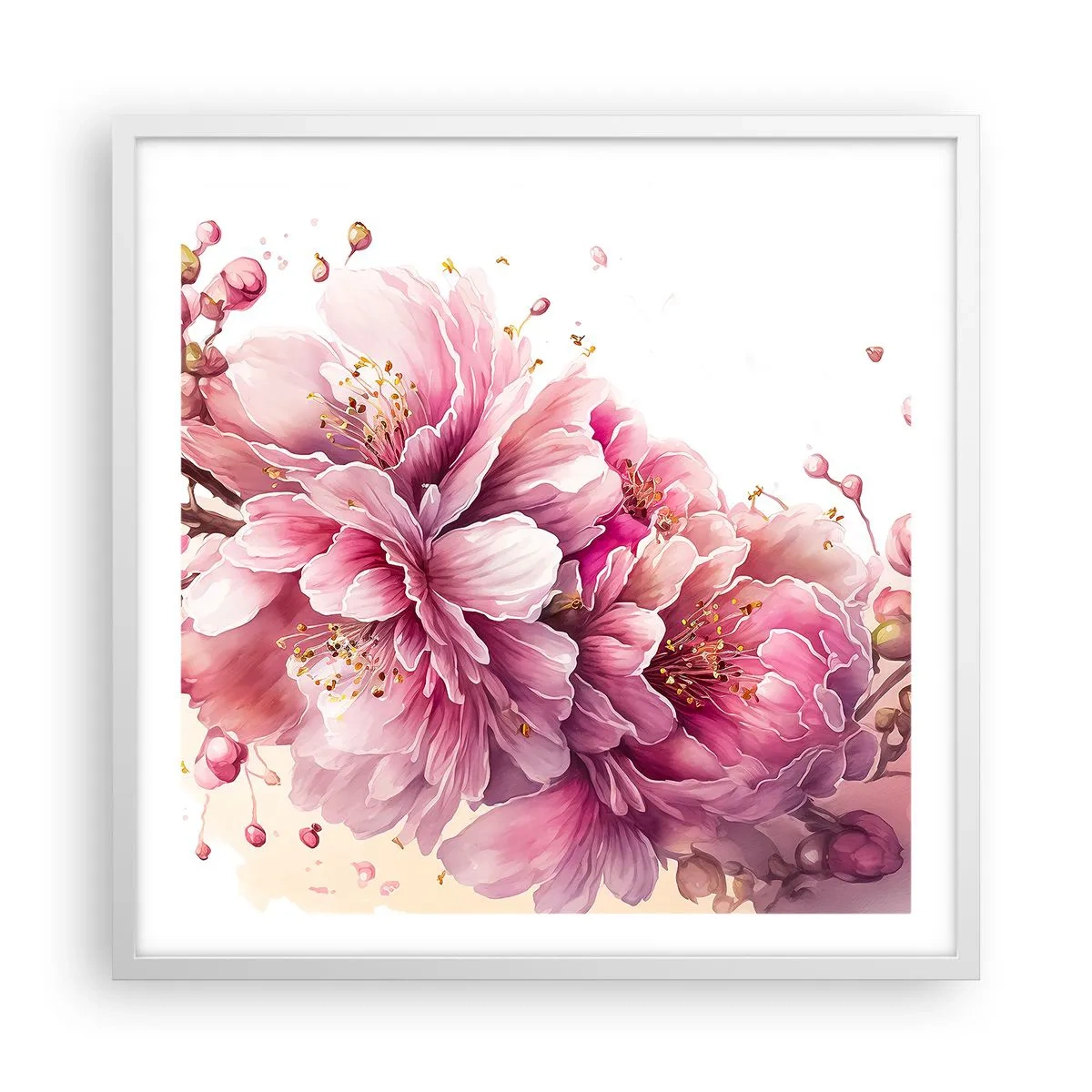 Affisch i vit ram - Blommande körsbärsblomma - 60x60 cm