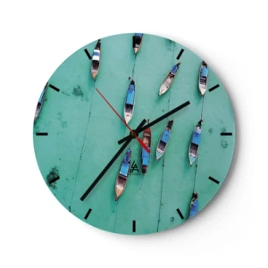 Väggklocka - Klocka på glas - Flygfoto över båtar som flyter på turkost vatten - 30x30cm - Under en glad väntan - Modern väggdekoration för vardagsrum, kök och sovrum ARTTOR